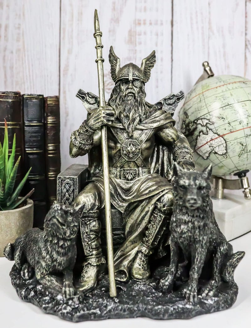 Ebros Gift Norse Viking Mythology Odin The Alfather Sitting On A Throne with Two Wolf Dogs Statue Norselandic Folklore Thor Ragnarok Trilogy Wotan Decorative Figurine 10.5" High - Image 2